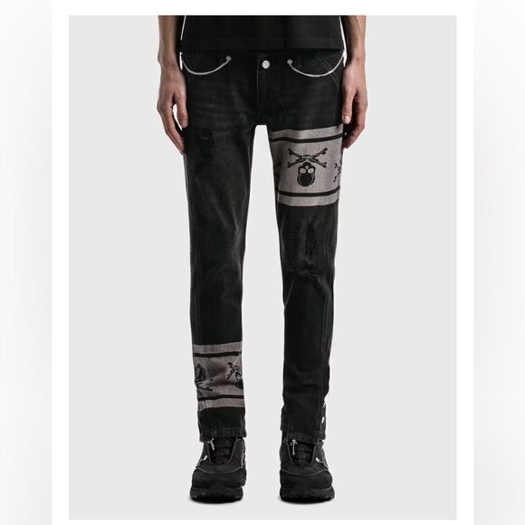 Mastermind Japan x C2H4 jeans double waist skull print chain black NWT S $550 - Picture 1 of 16